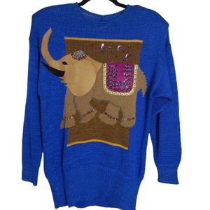 Vintage Womens Sweater Blue Brown Leather Elephant Beaded Knit Pullover M L